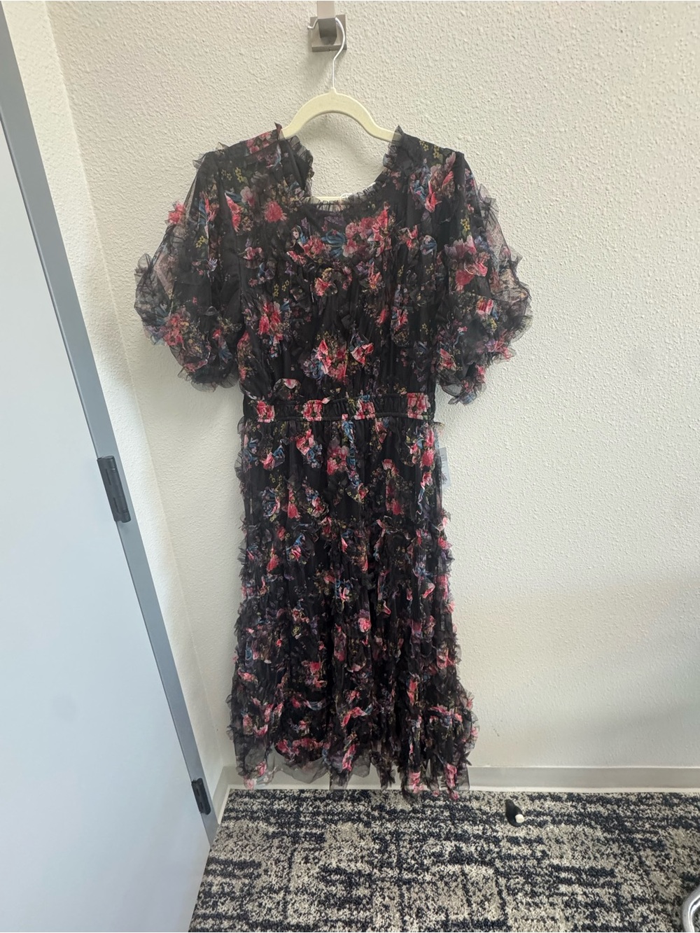 Black Floral Midi Dress with Pink Accent - Women's